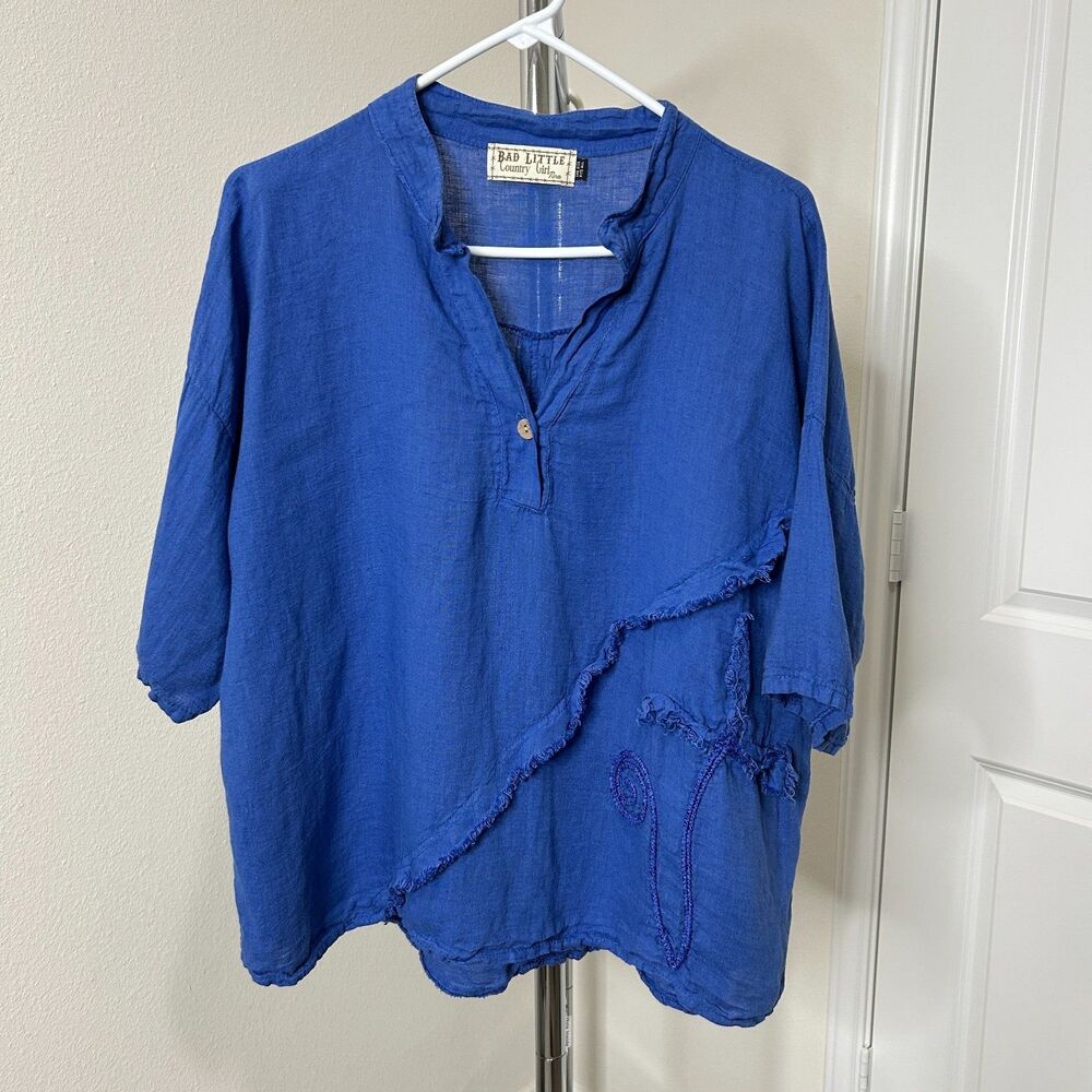 Bad Little Country Girl Blouse Womens One Size Blue Linen Fray Lagenlook Artsy
